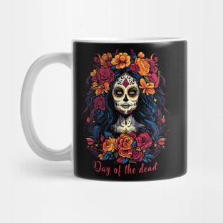 Day of the dead; el Día de Muertos; Mexico; Mexican; sugar skull; beautiful; woman; colorful; bright colors; black shirt; skeleton; celebration; celebrate; party; fiesta; halloween; dark; skull; Mug
